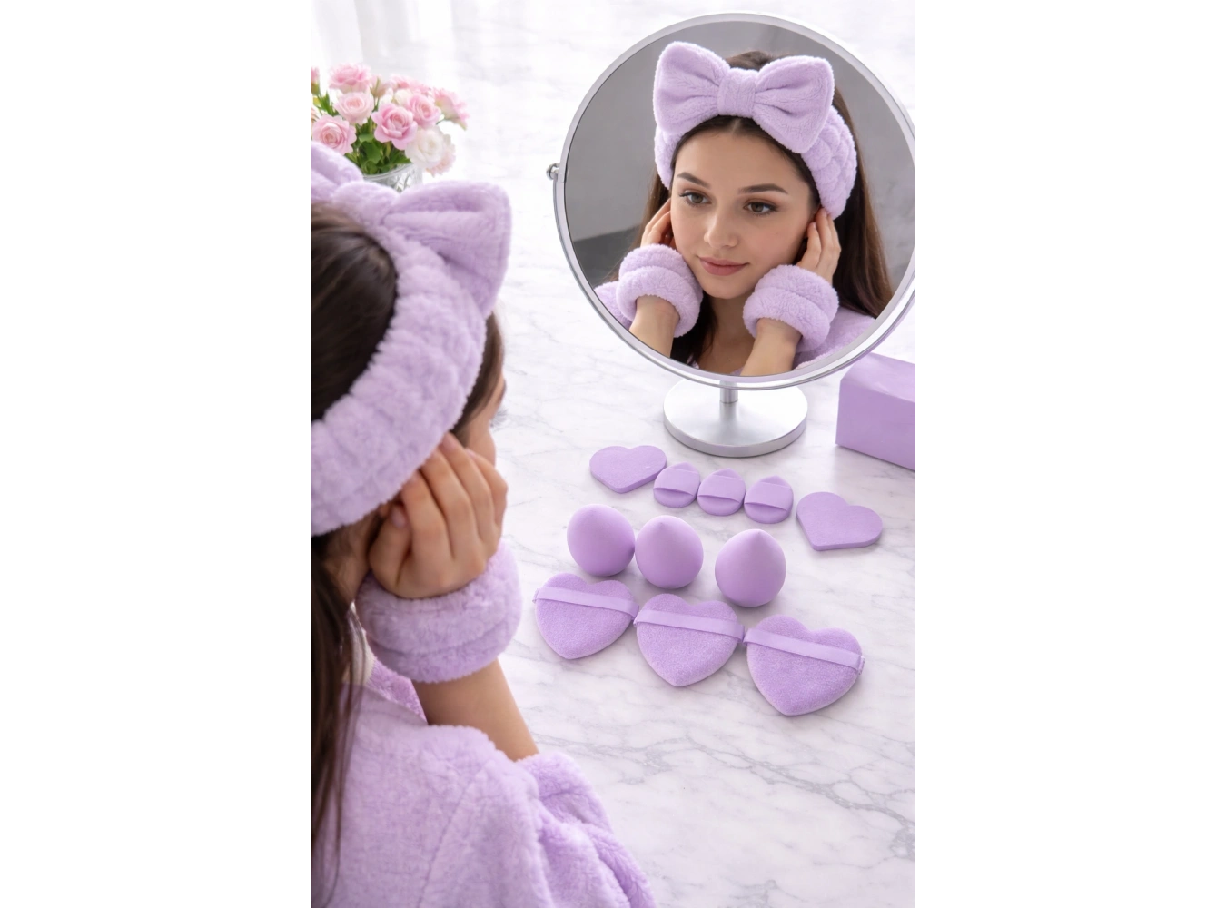 Mor Renk Kurdele Figürlü Su Emici Havlu Bileklik/Saç Bandı/Makyaj Süngeri Set