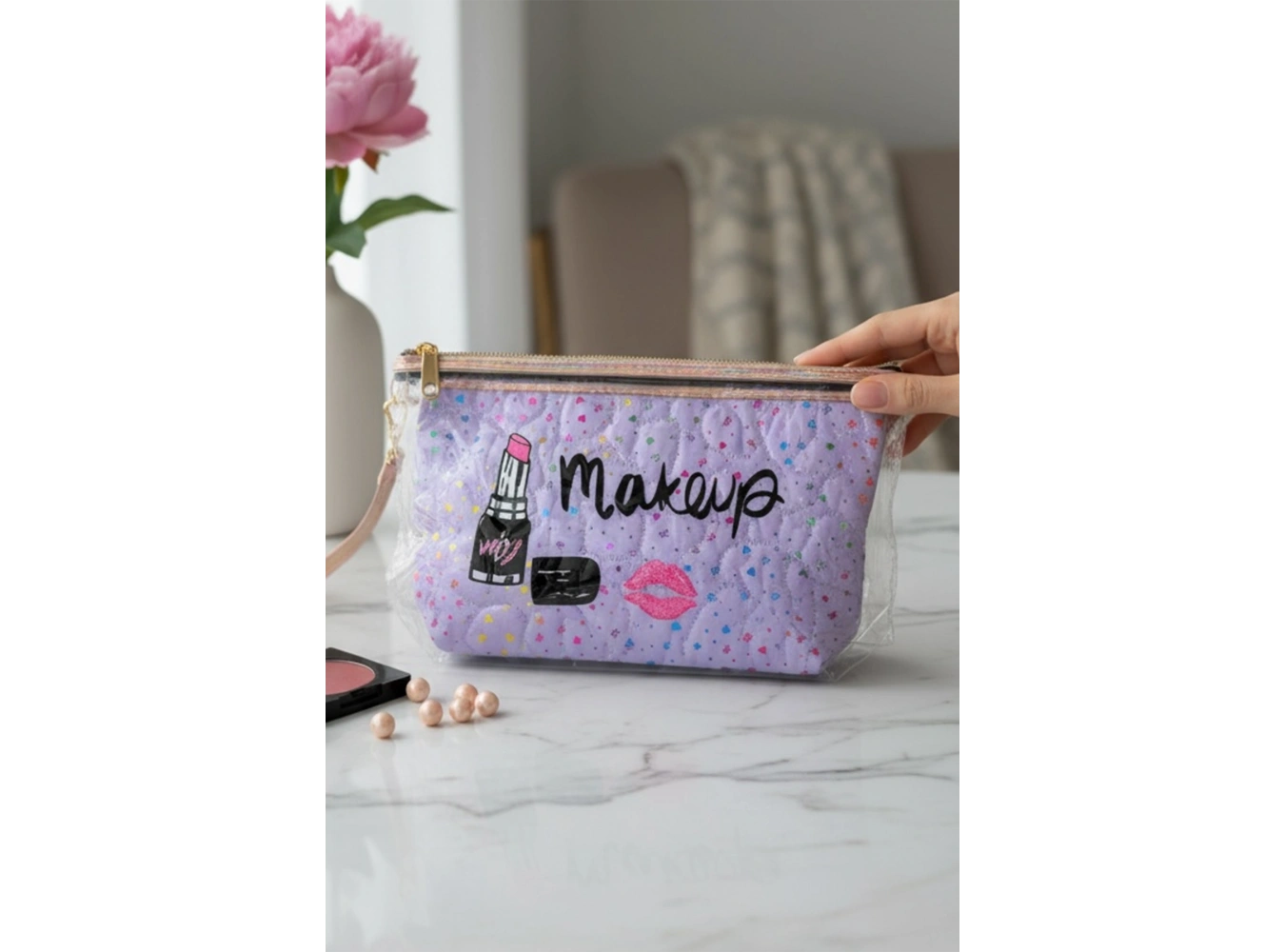 Mor Renk Makeup Yazılı Makyaj Çantası