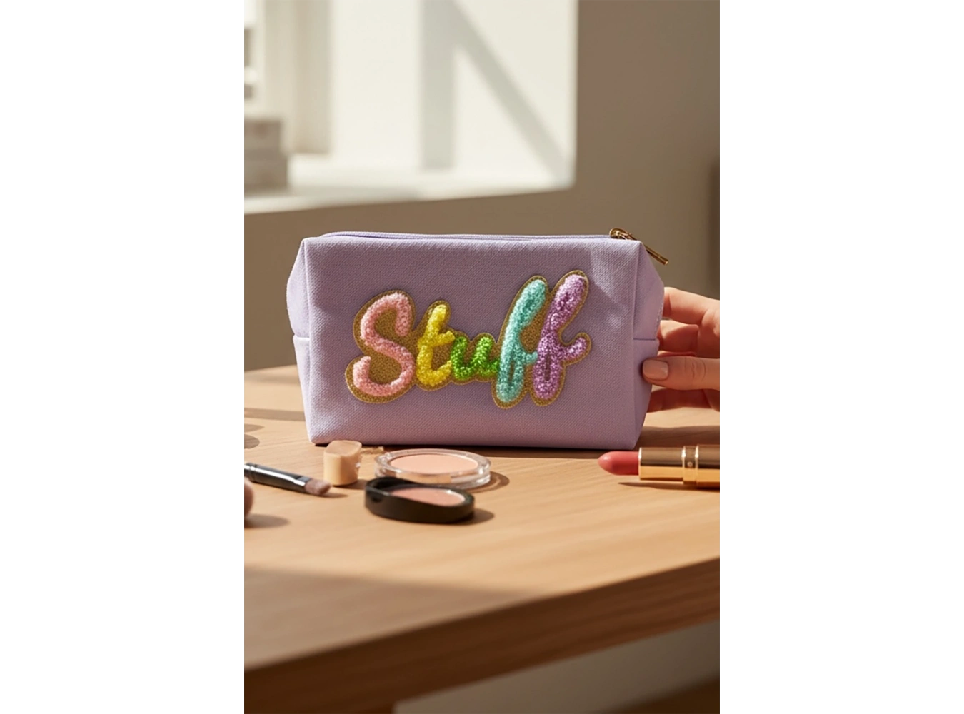 Mor Renk Stuff Yazılı Makyaj Çantası