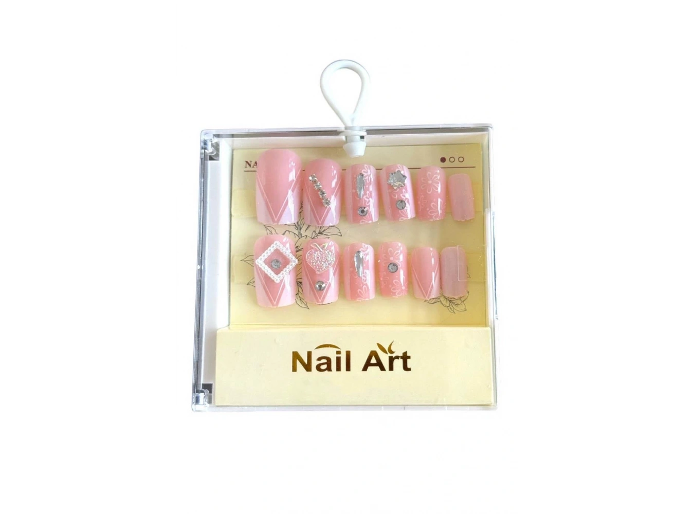 Pembe Renk 12li Taş Detaylı Takma Tırnak Set (Yapıştırıcılı)