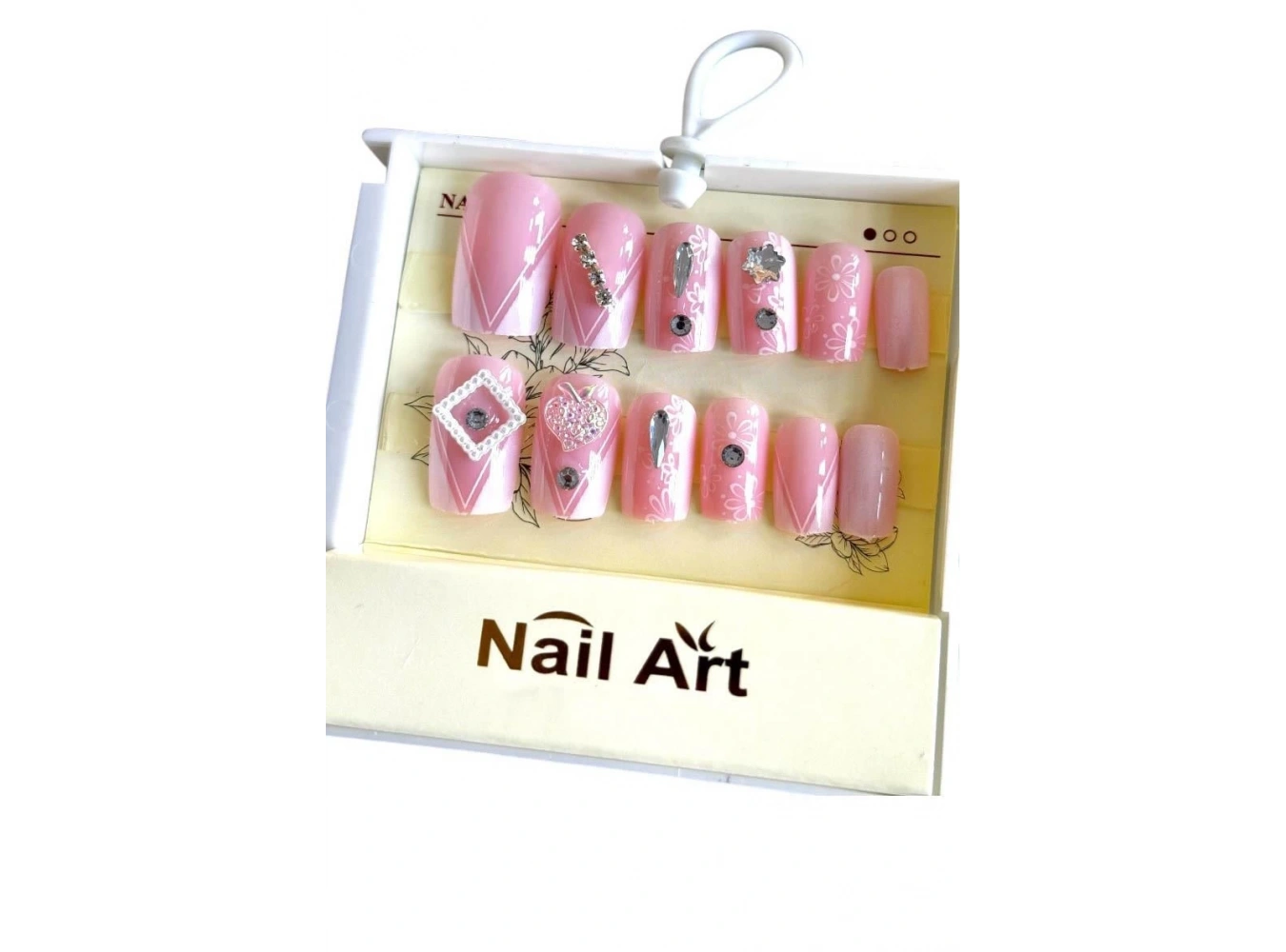 Pembe Renk 12li Taş Detaylı Takma Tırnak Set (Yapıştırıcılı)