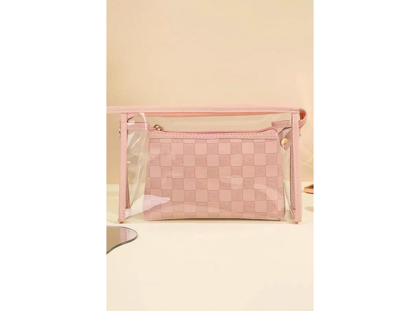 Pembe Renk 2li Şeffaf Makyaj Çantası