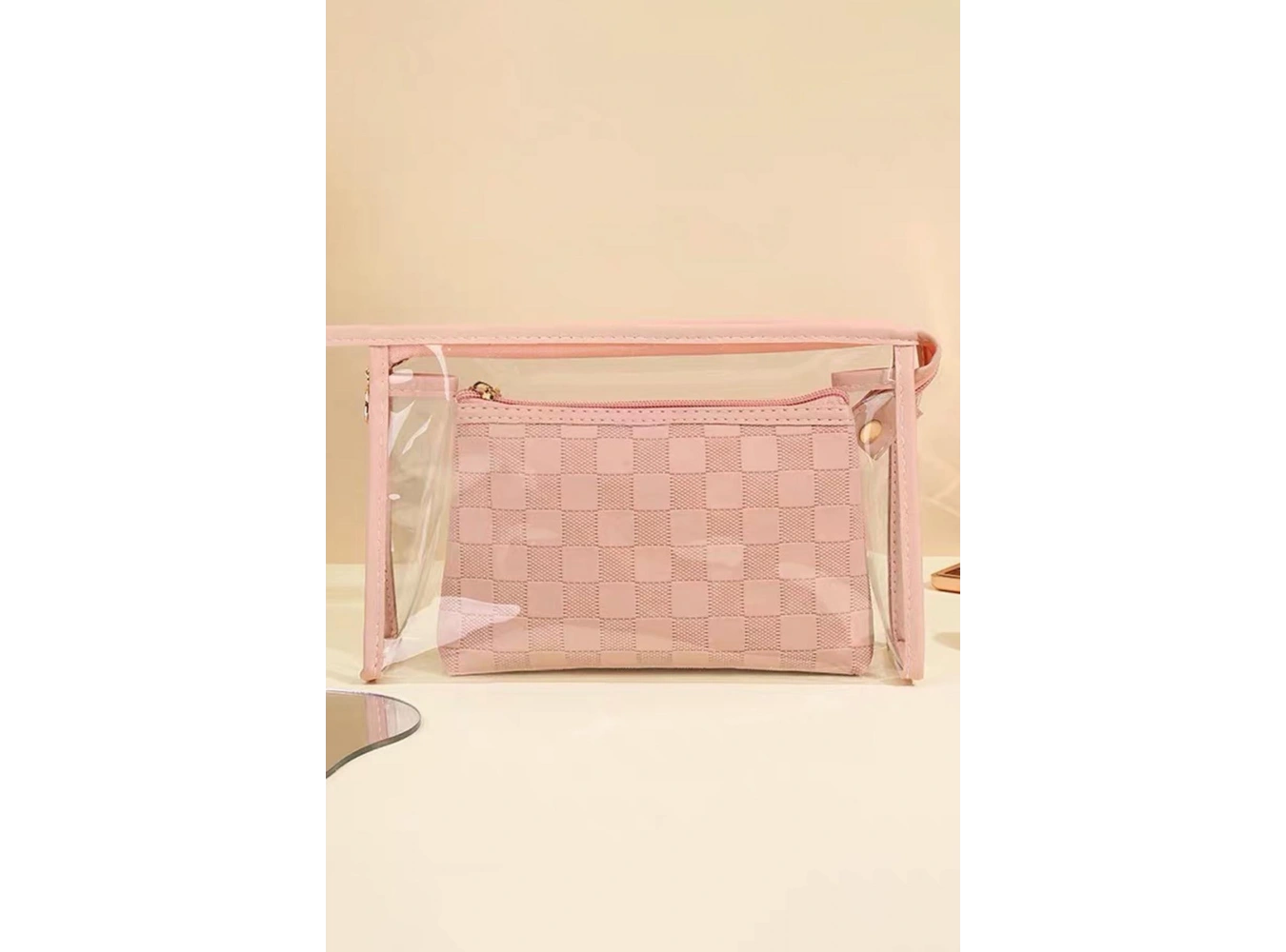 Pembe Renk 2li Şeffaf Makyaj Çantası