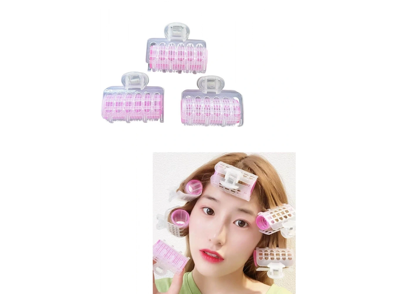 Pembe Renk 3lü Bigudi Cırtlı Mandal Tokalı/ Yapışkanlı Saç Bigudisi