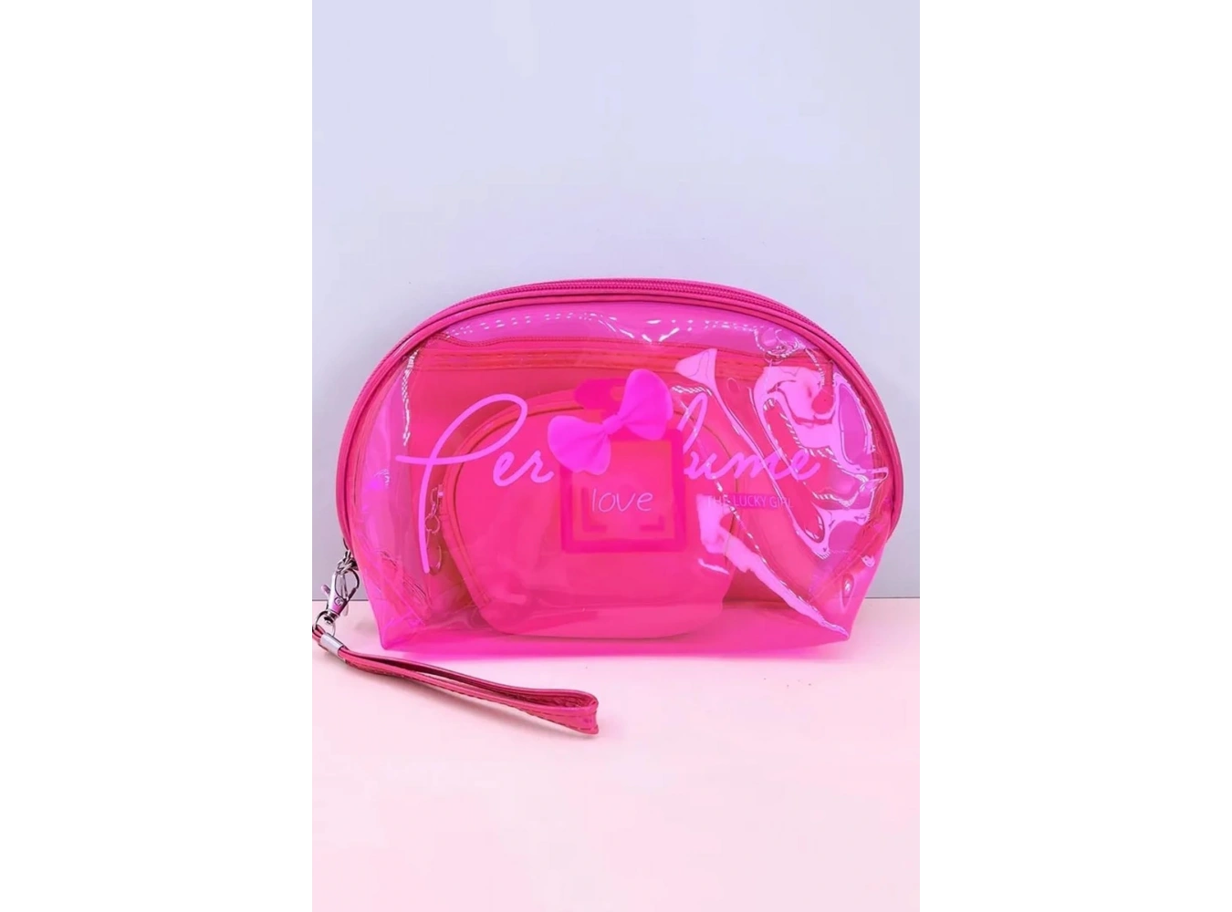 Pembe Renk 3lü Şeffaf Makyaj Çantası