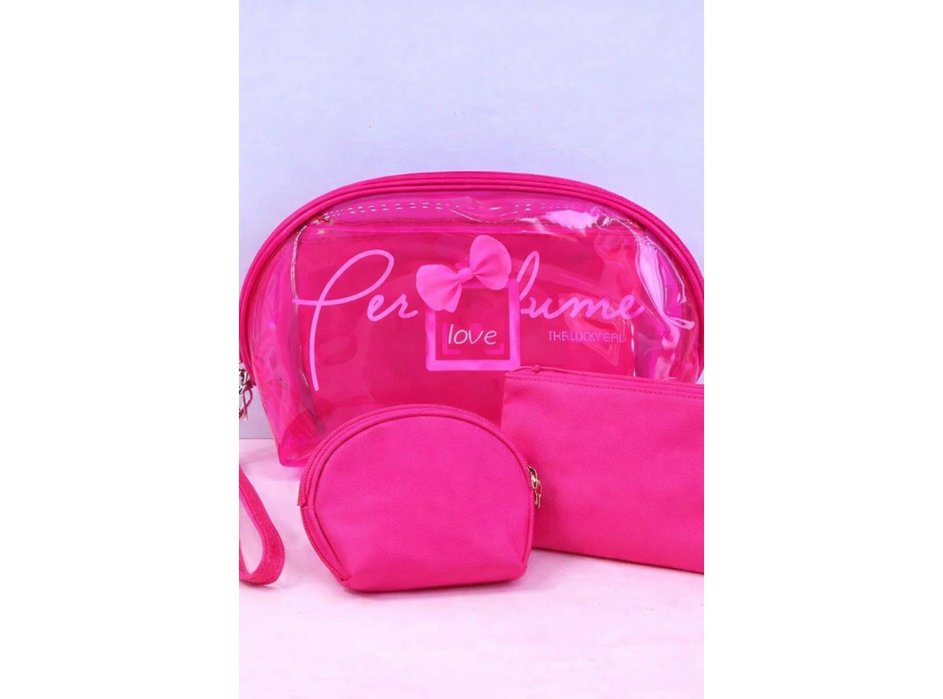 Pembe Renk 3lü Şeffaf Makyaj Çantası