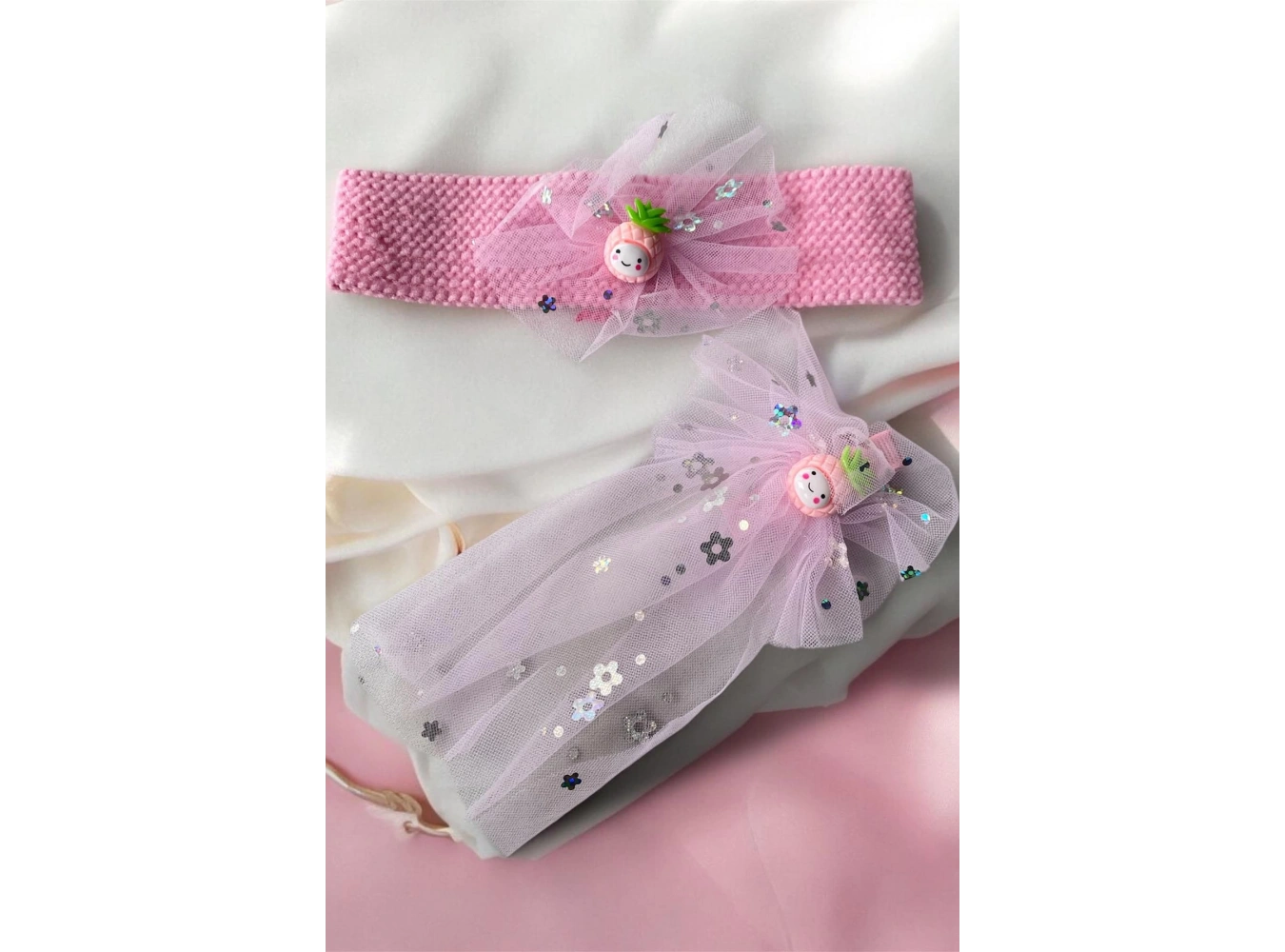 Pembe Renk Ananas Figürlü Yan Toka Ve Saç Bandı Set