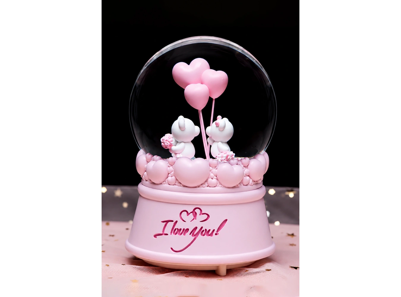 Pembe Renk Ayıcık Figürlü Müzikli Ve Işıklı Kar Küresi(Büyük Boy)
