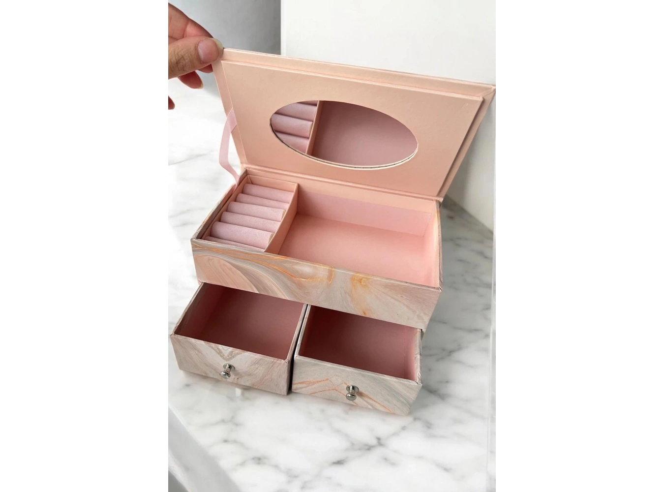 Pembe Renk Ayna Detaylı Bölmeli Çekmeceli Takı Organizeri