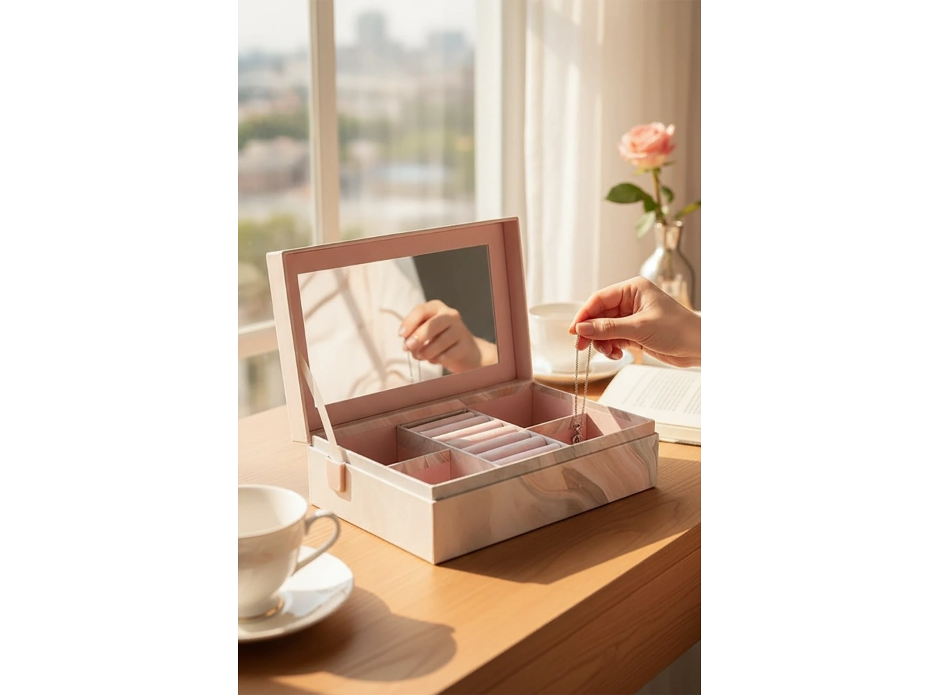 Pembe Renk Ayna Detaylı Takı Organizeri