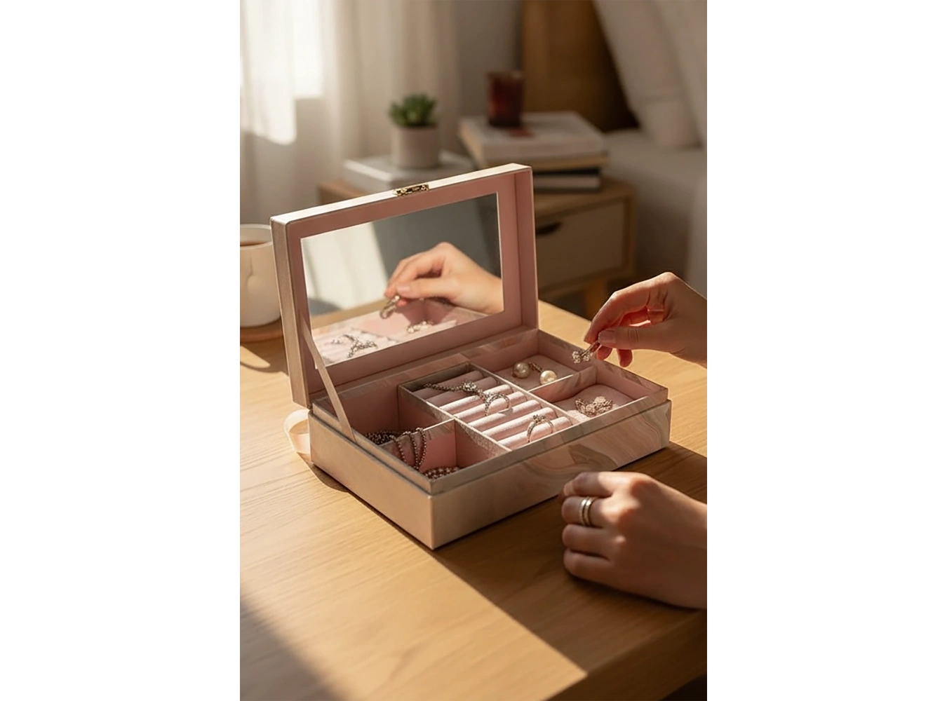 Pembe Renk Ayna Detaylı Takı Organizeri