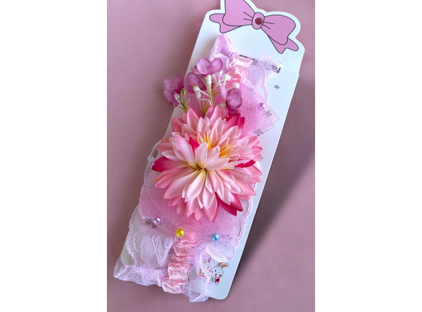 Pembe Renk Çiçek Figürlü Çocuk/ Bebek Saç Bandı