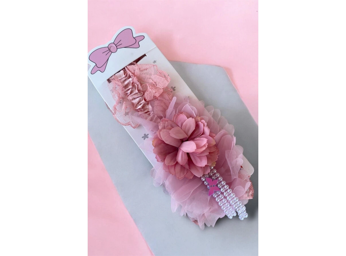 Pembe Renk Çiçek Figürlü Çocuk/ Bebek Saç Bandı