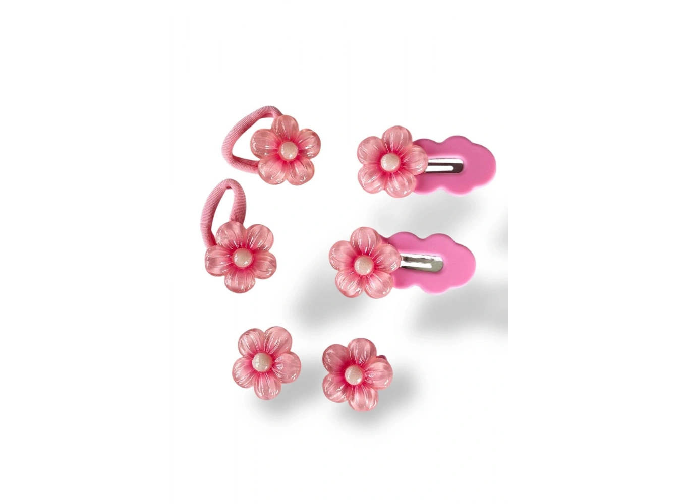 Pembe Renk Çiçek Figürlü Lastik, Yan Toka Set