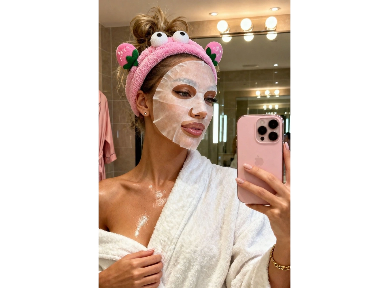 Pembe  Renk Çilek Ve Göz  Figürlü Peluş Saç Bandı