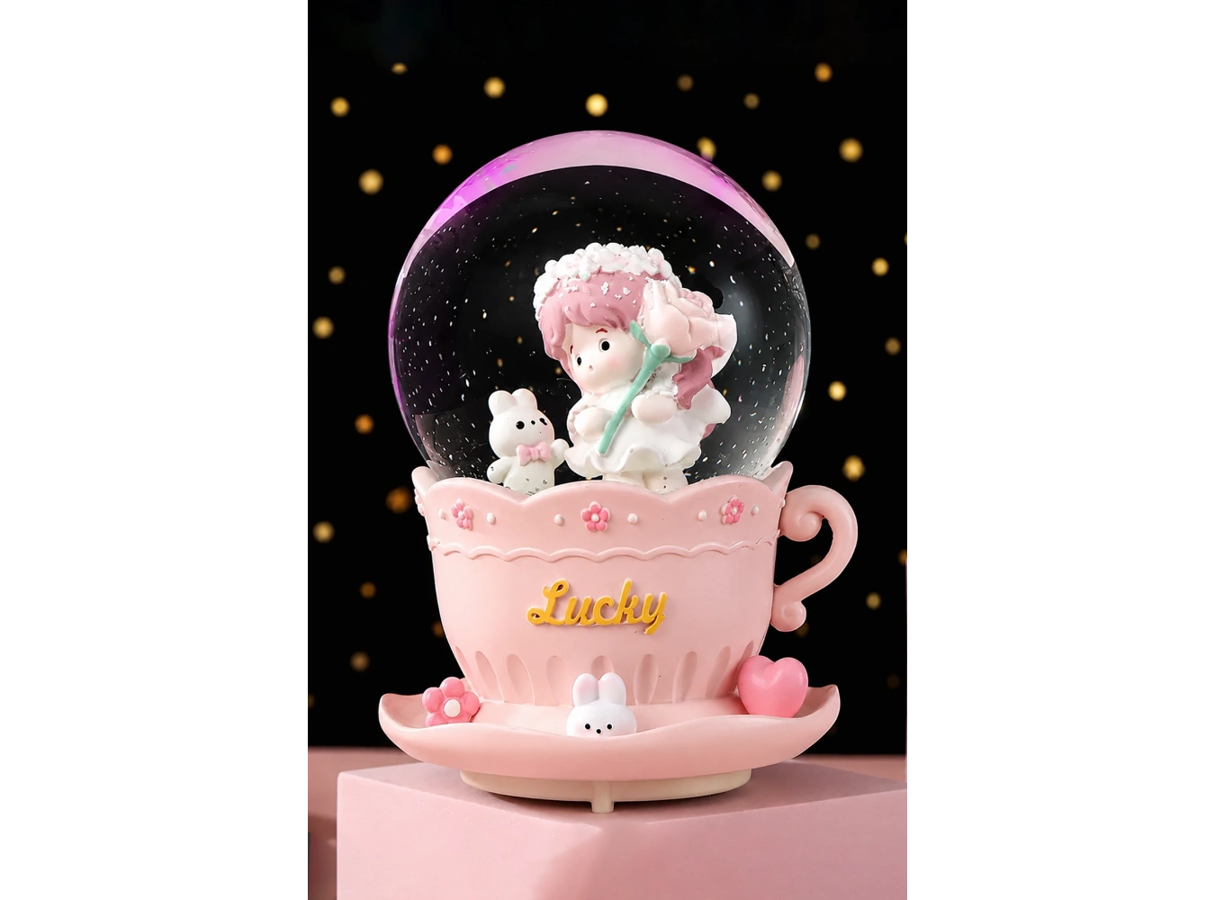 Pembe Renk Çocuk Figürlü Müzikli Ve Işıklı Kar Küresi(Büyük Boy)