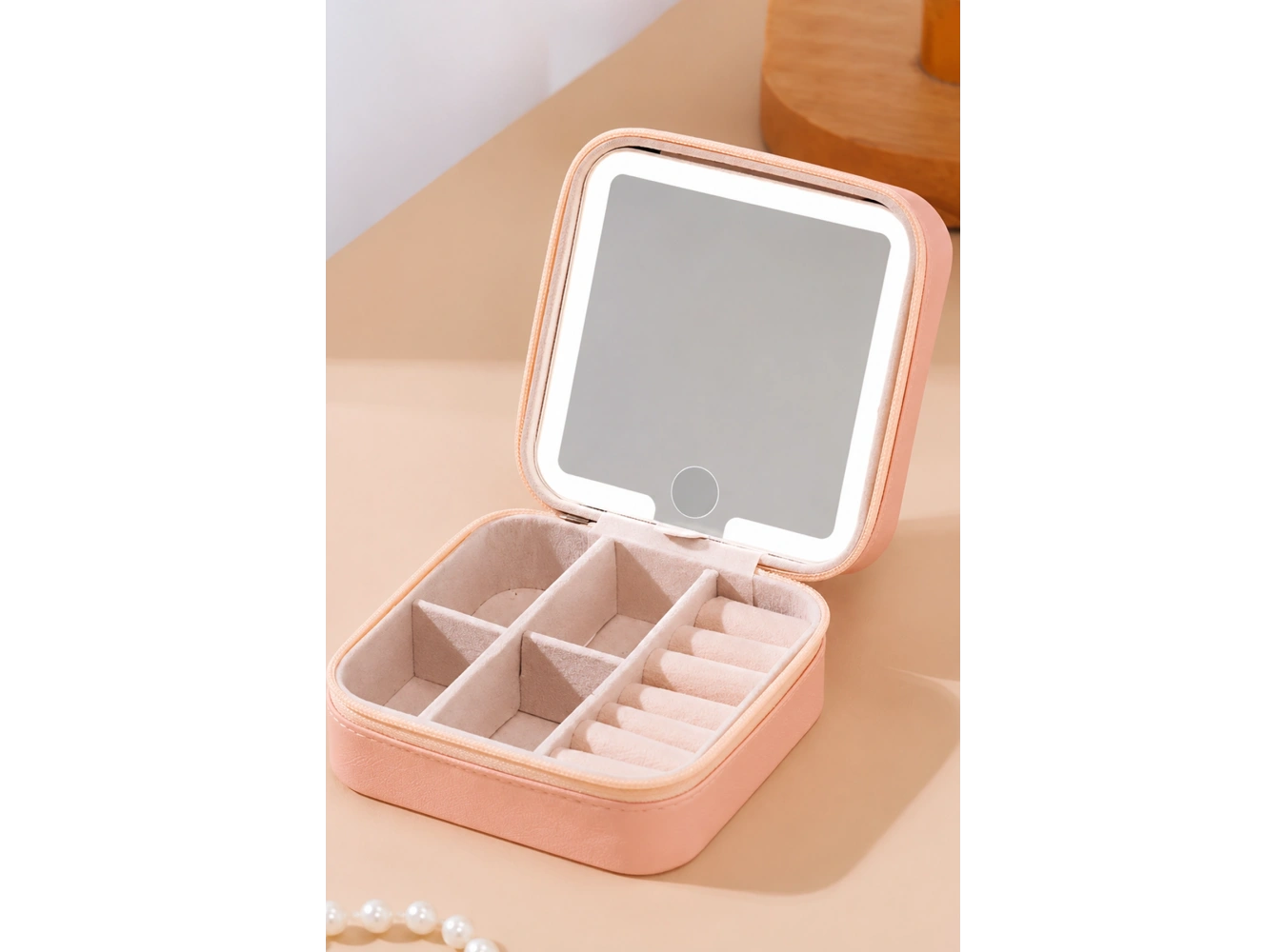 Pembe Renk Dokunmatik Işıklı Aynalı  Takı Organizeri