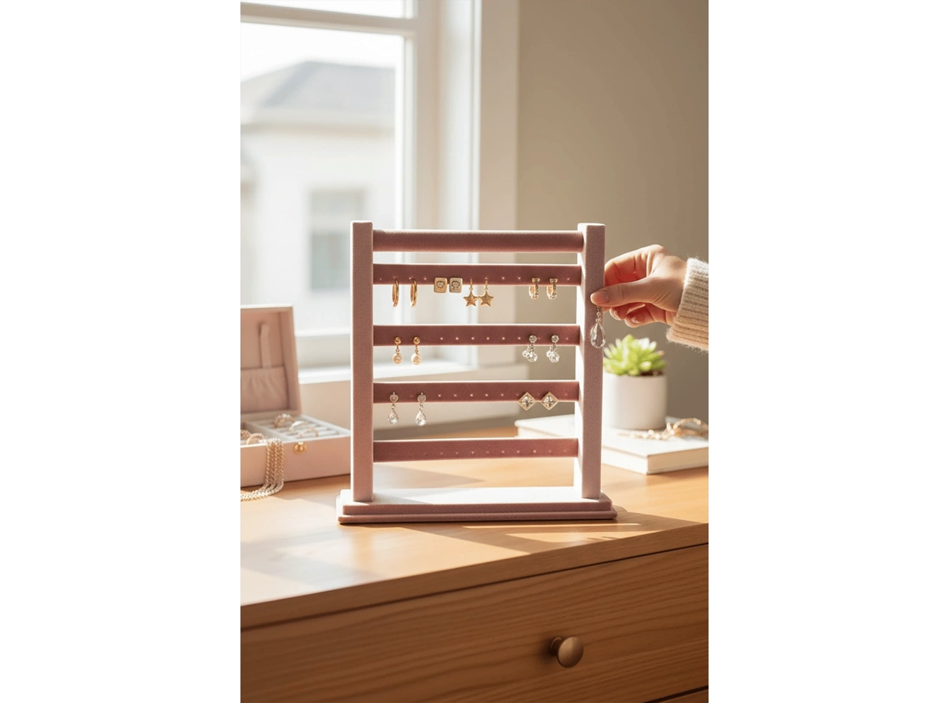 Pembe Renk Dört Katlı Küpe Düzenleyici / Organizer