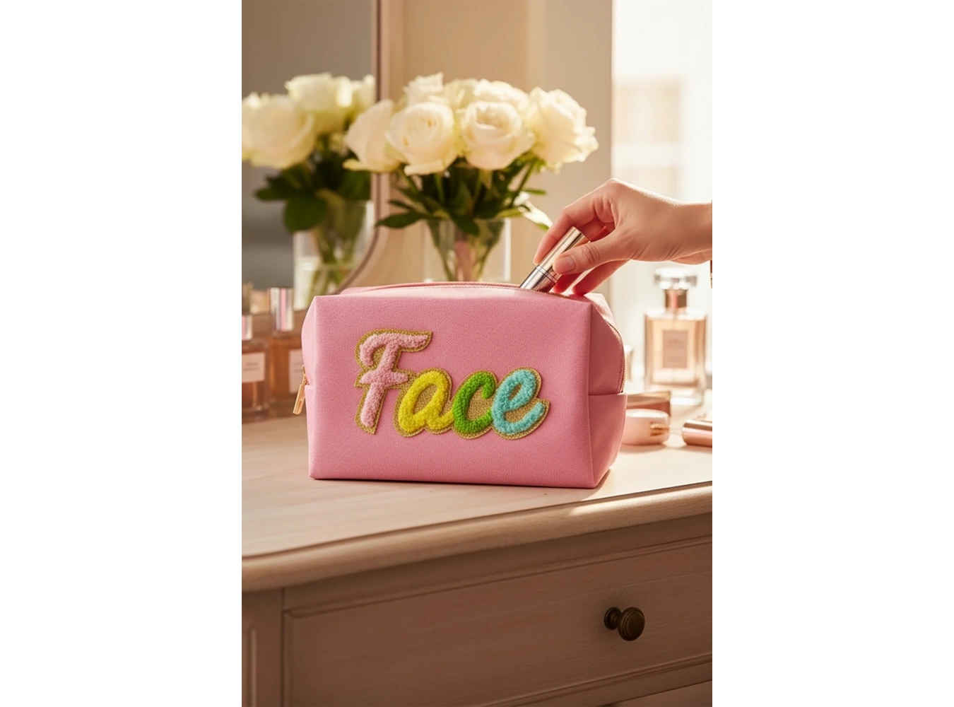 Pembe Renk Face Yazılı Makyaj Çantası