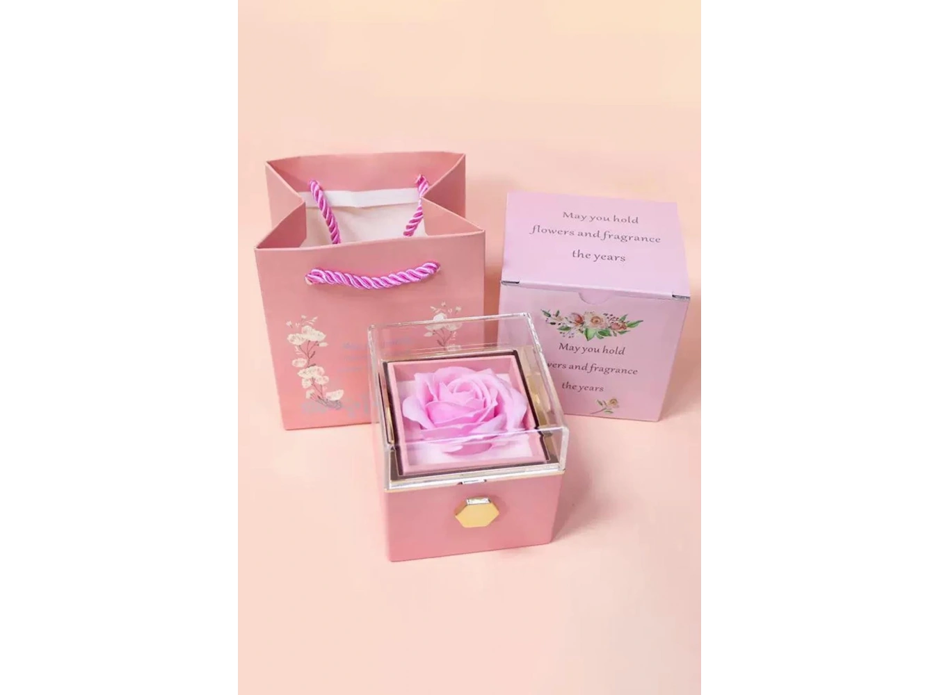 Pembe Renk Gül Figürlü Karton Çanta Hediyeli Hediye Kutusu