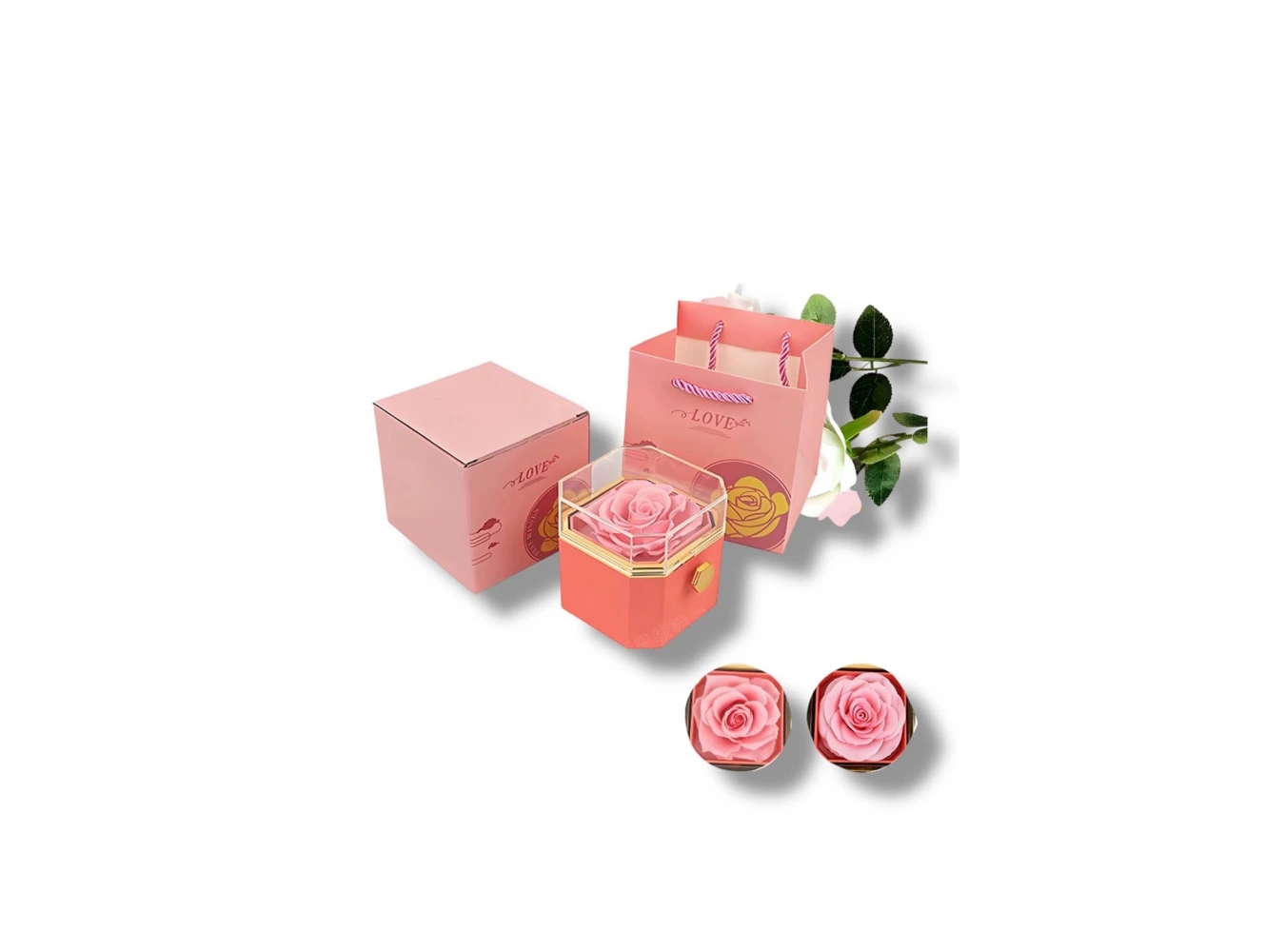 Pembe Renk Gül Figürlü Karton Çanta Hediyeli Hediye Kutusu