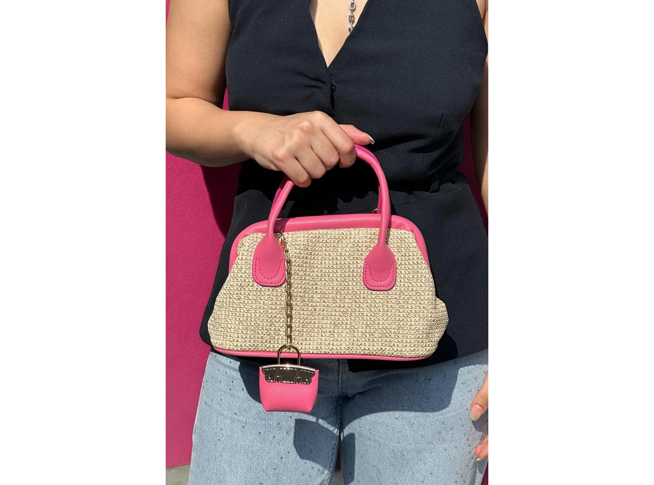 Pembe Renk Hasır Kadın Çanta
