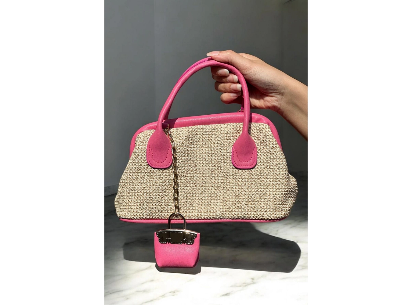 Pembe Renk Hasır Kadın Çanta