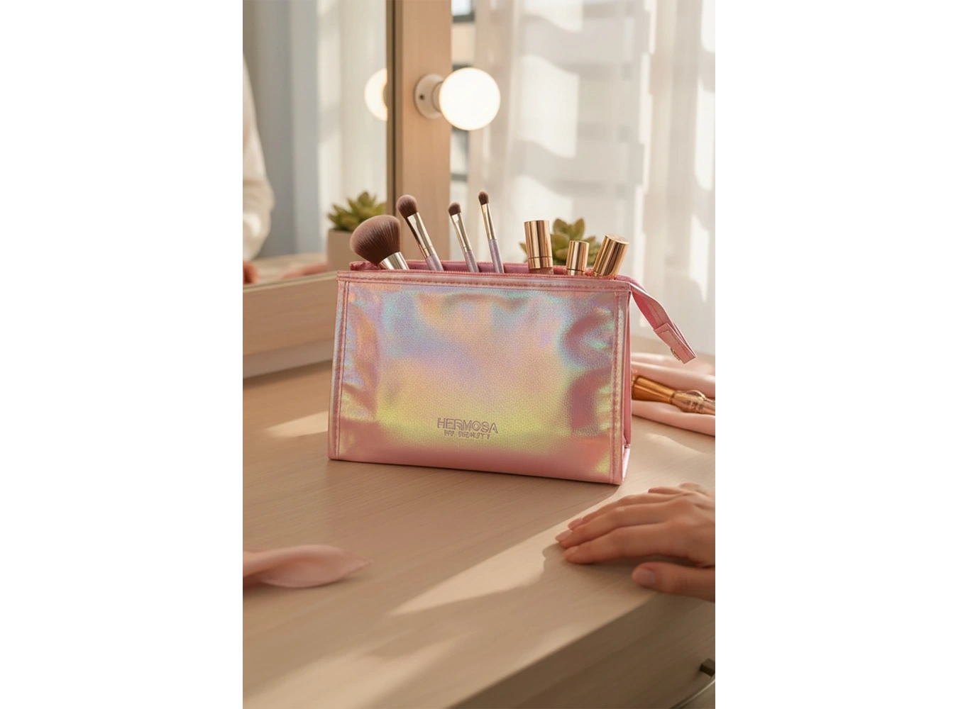 Pembe Renk Hologramlı Makyaj Çantası