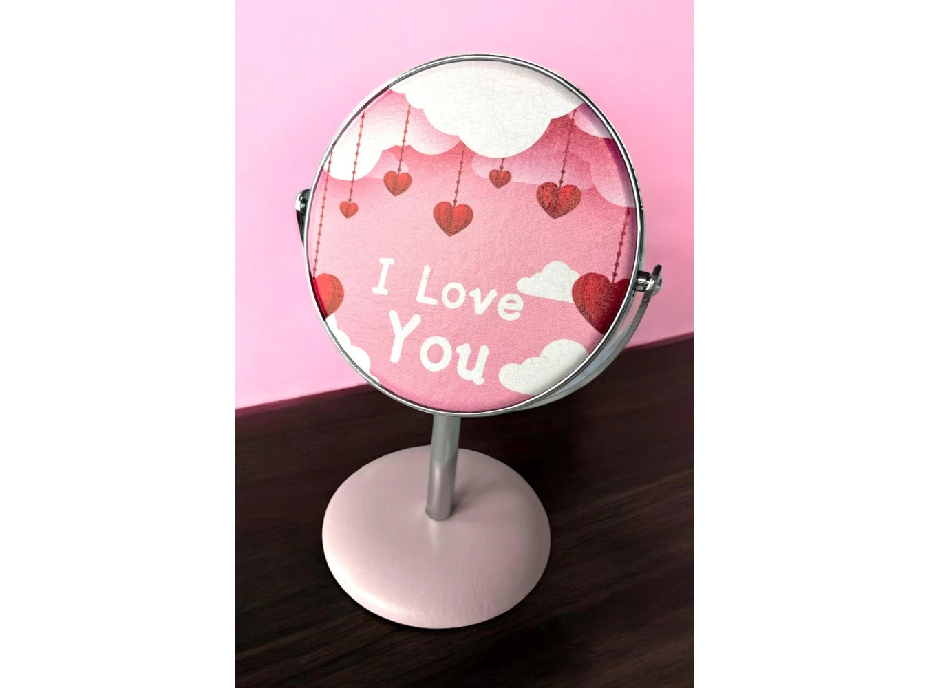 Pembe Renk I Love You Yazılı Dönebilen Masa Aynası