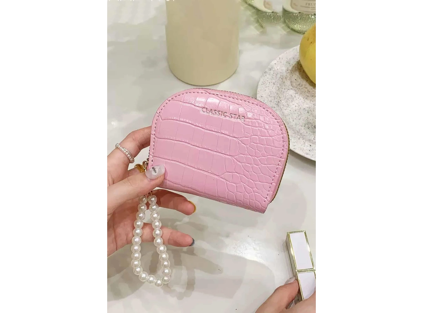 Pembe Renk İnci Detaylı Deri Kadın Cüzdan/Kartlık