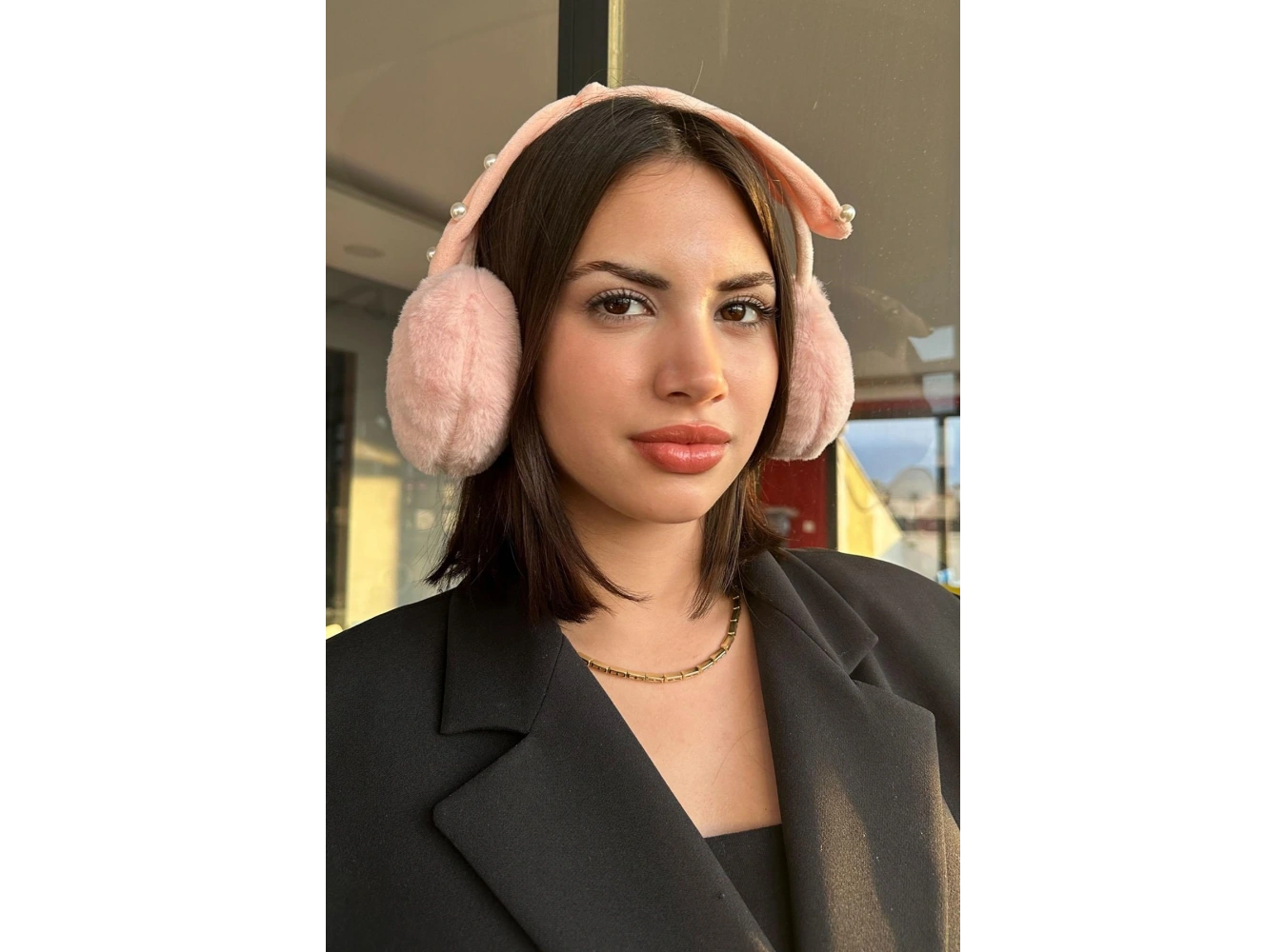 Pembe Renk İnci Detaylı Kulaklı Çocuk Peluş Kulaklık