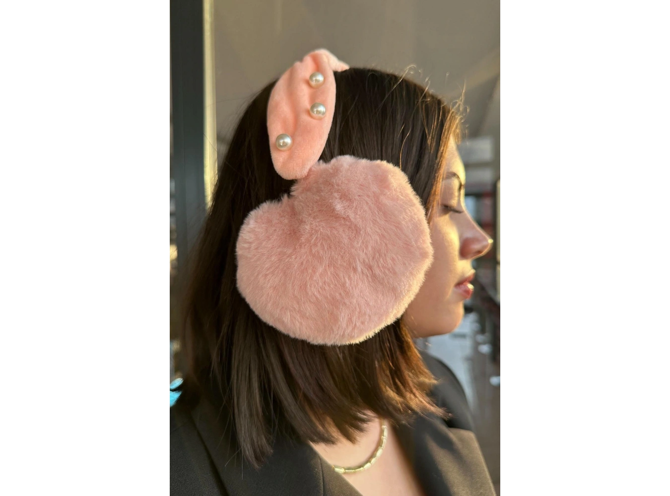 Pembe Renk İnci Detaylı Kulaklı Çocuk Peluş Kulaklık