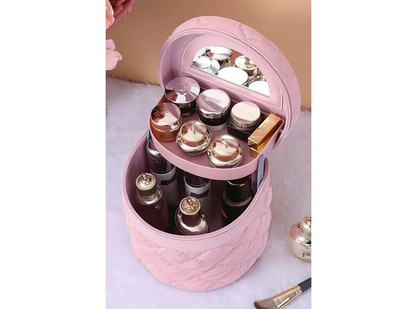 Pembe Renk İnci Detaylı Makyaj Ve Kişisel Bakım Çantası