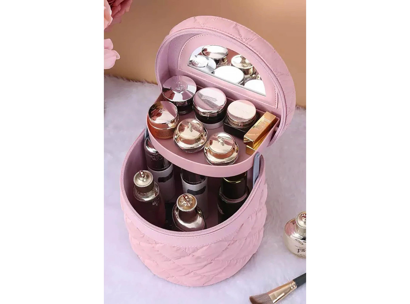 Pembe Renk İnci Detaylı Makyaj Ve Kişisel Bakım Çantası