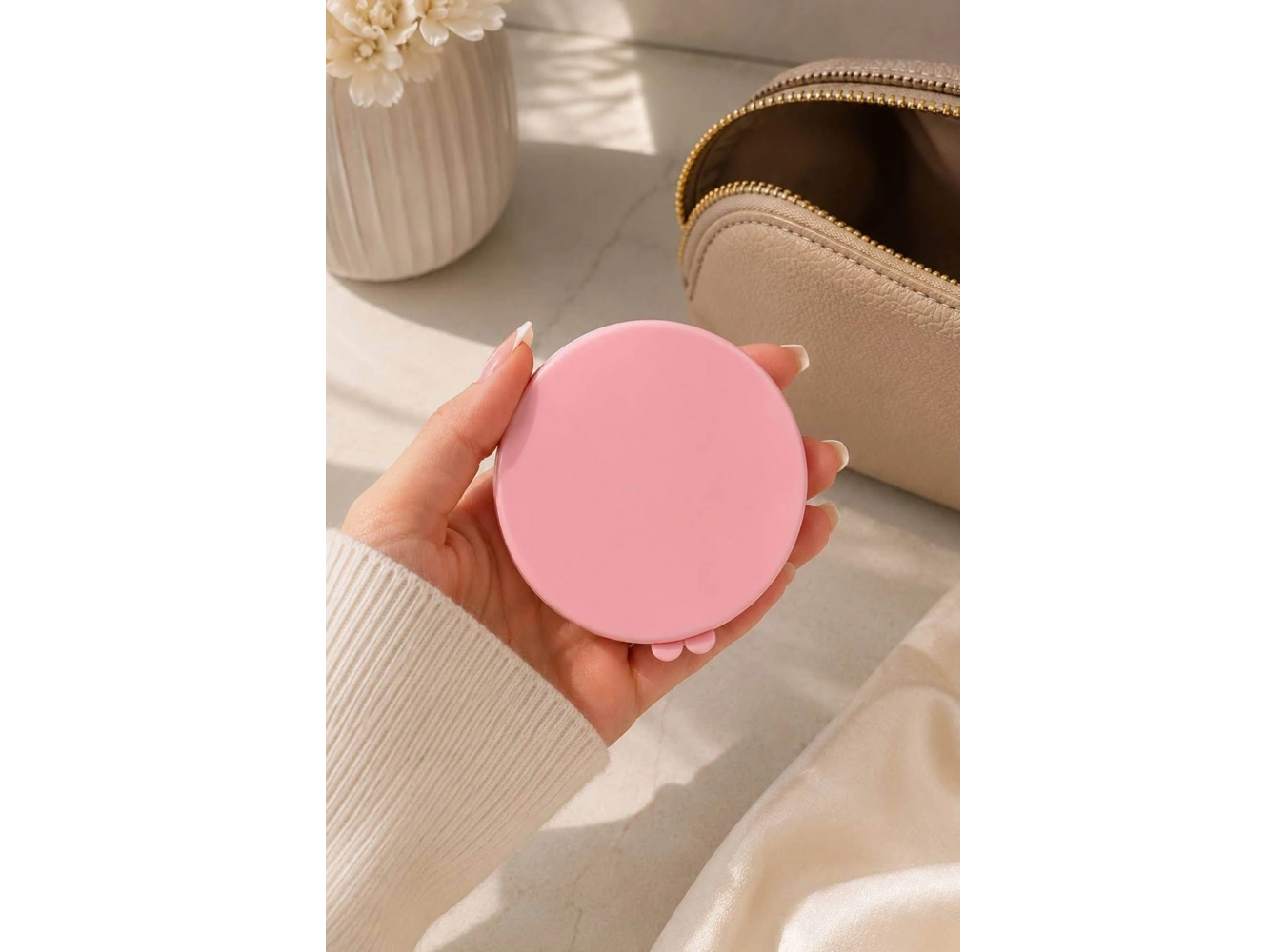 Pembe Renk Işıklı Makyaj Aynası/ Cep Ayna