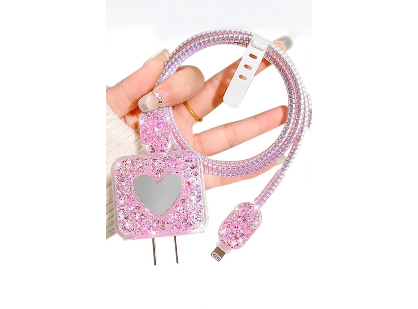 Pembe Renk Kalp Figürlü Ayna Detaylı Şarj Kablosu/ Adaptör Koruyucu Kılıf