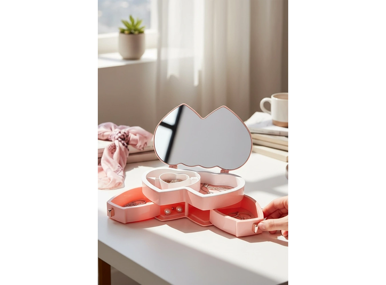 Pembe Renk Kalp Figürlü Aynalı Çekmeceli Takı Organizeri