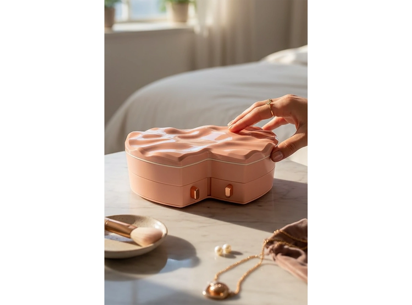 Pembe Renk Kalp Figürlü Aynalı Çekmeceli Takı Organizeri