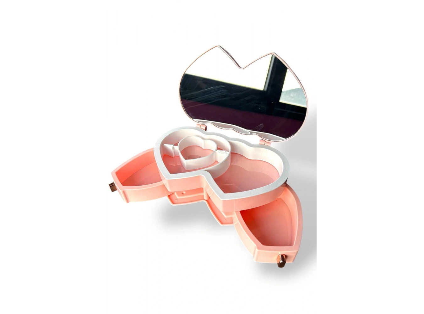 Pembe Renk Kalp Figürlü Aynalı Çekmeceli Takı Organizeri