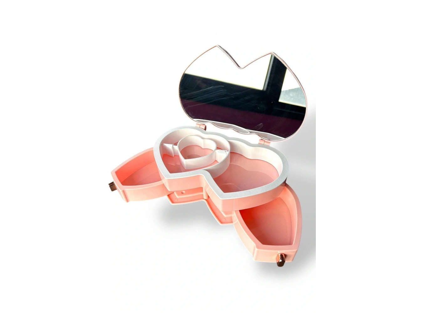 Pembe Renk Kalp Figürlü Aynalı Çekmeceli Takı Organizeri