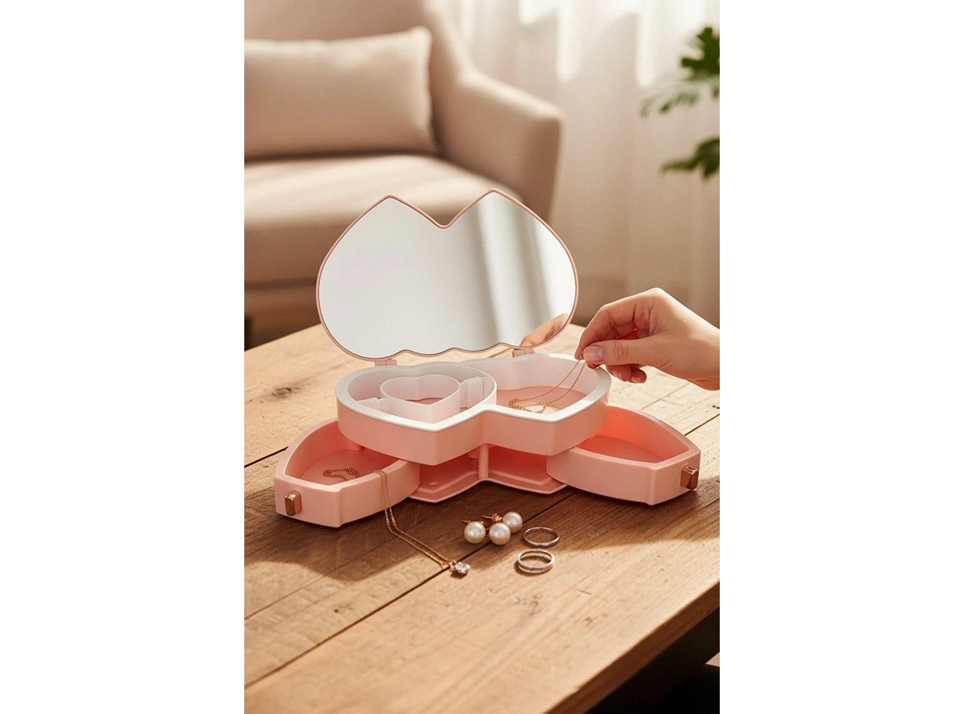 Pembe Renk Kalp Figürlü Aynalı Çekmeceli Takı Organizeri