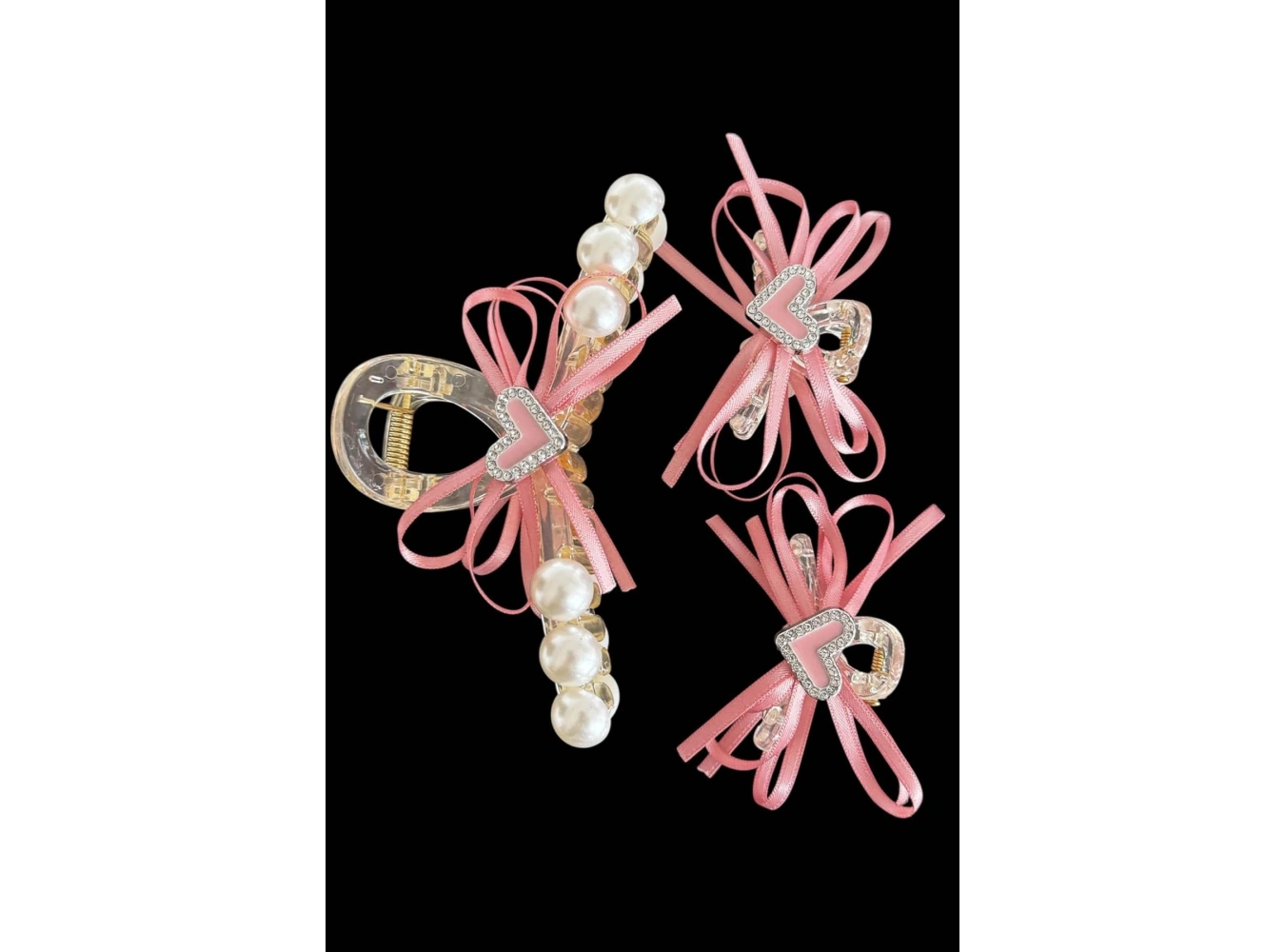 Pembe Renk Kalp Figürlü İnci Detaylı 3lü Mandal Toka Set