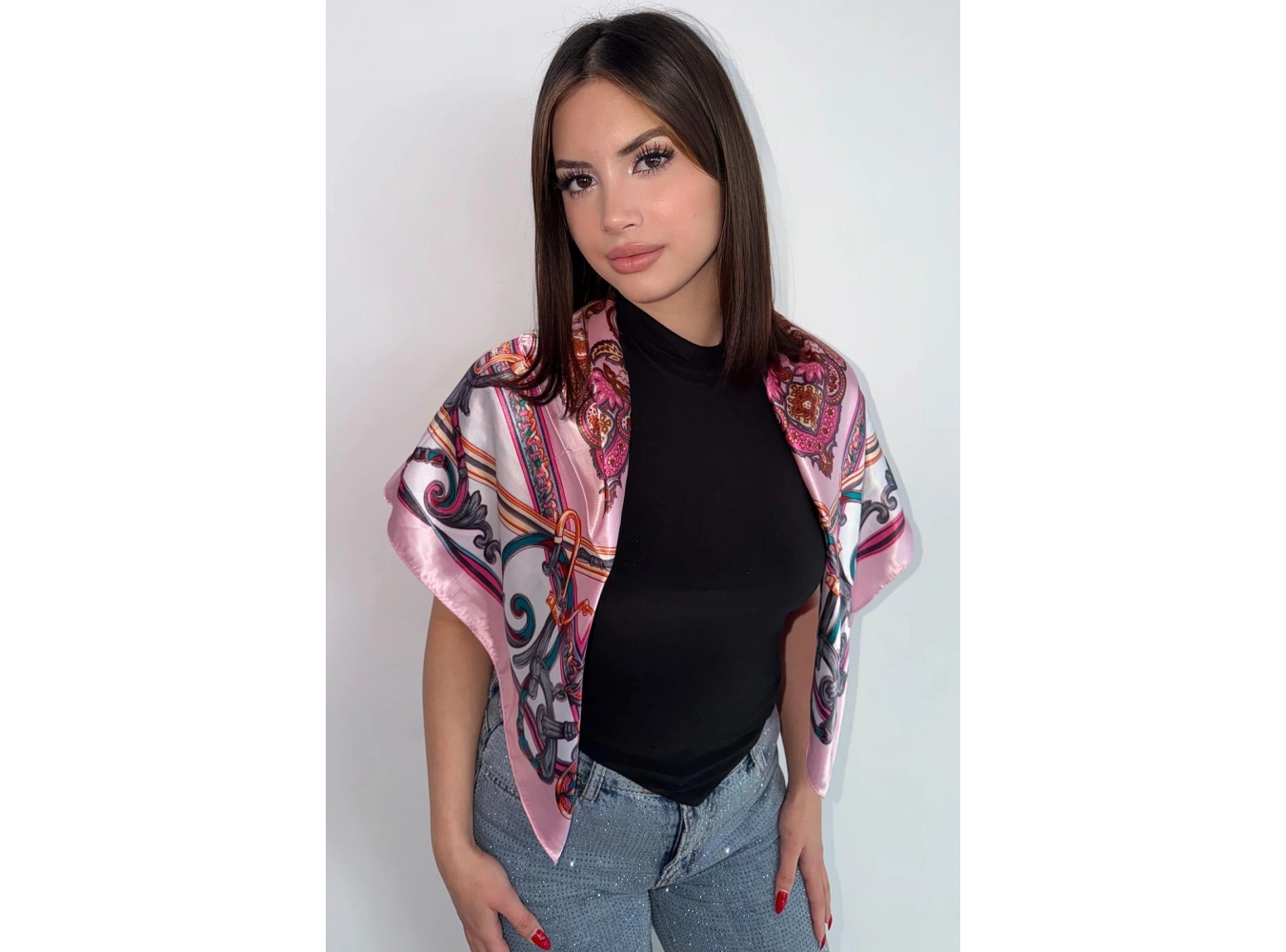 Pembe Renk Karışık Desenli Saten Şal/Fular