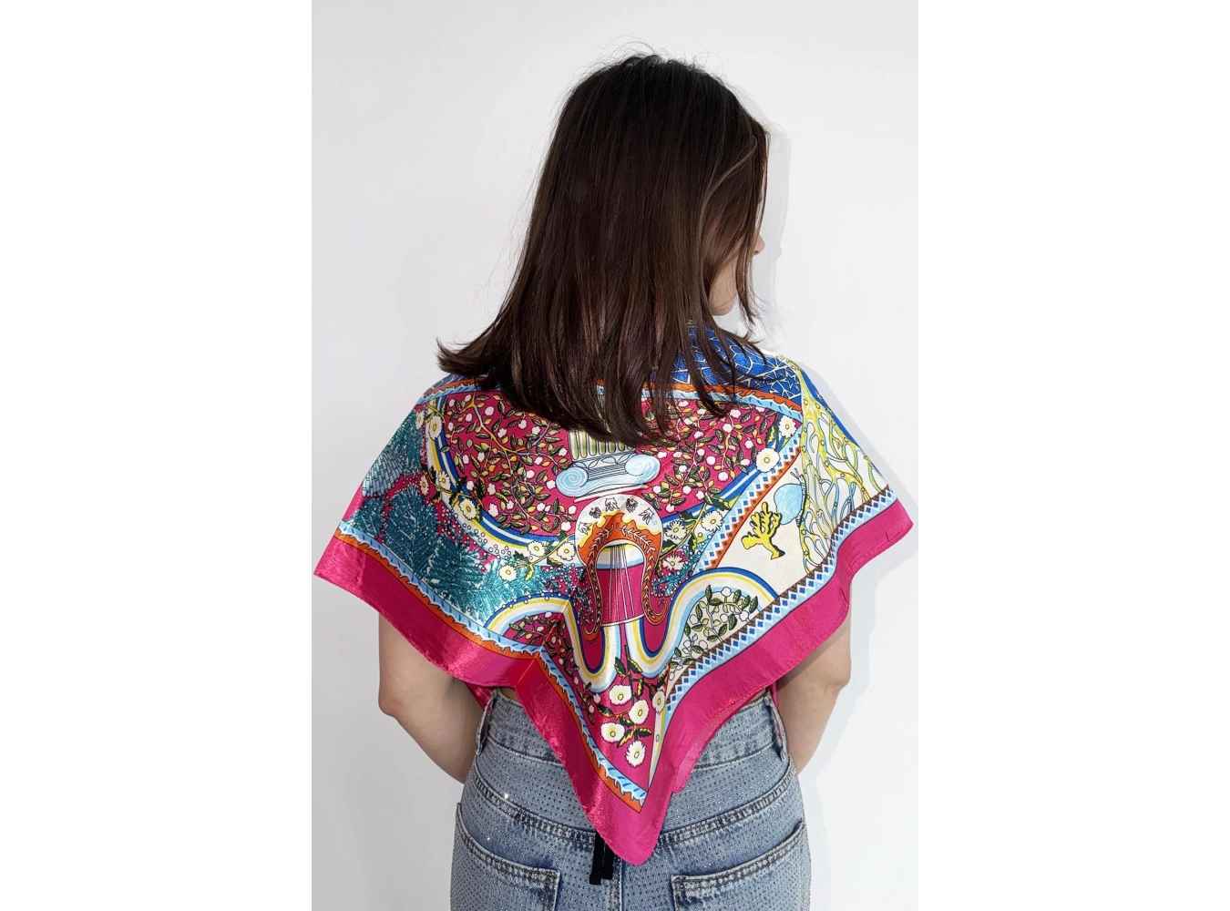 Pembe Renk Karışık Desenli Saten Şal/Fular