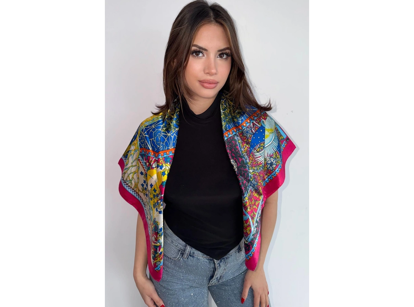 Pembe Renk Karışık Desenli Saten Şal/Fular