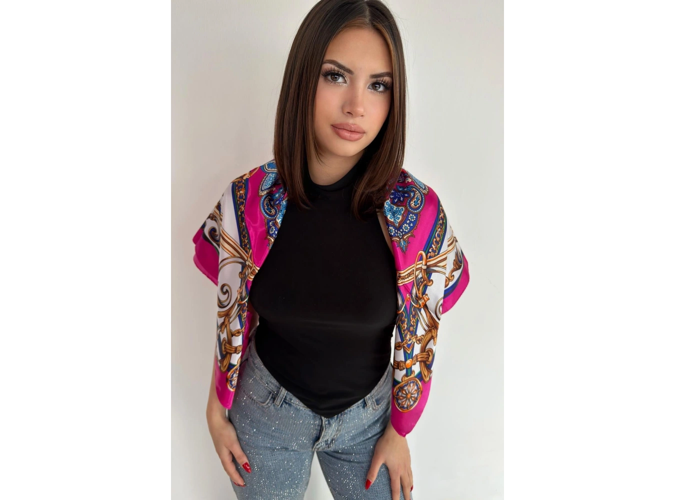 Pembe Renk Karışık Desenli Saten Şal/Fular