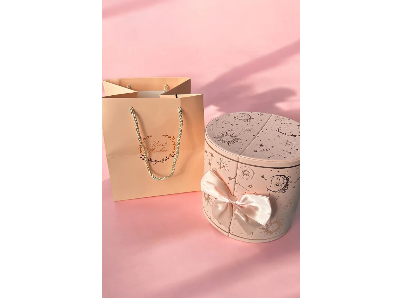 Pembe Renk Karışık Figürlü Gül Detaylı Karton Çanta Hediyeli Hediye Kutusu