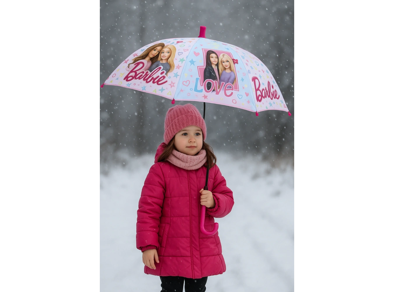 Pembe Renk Karışık Figürlü Kılıflı Çocuk Şemsiye