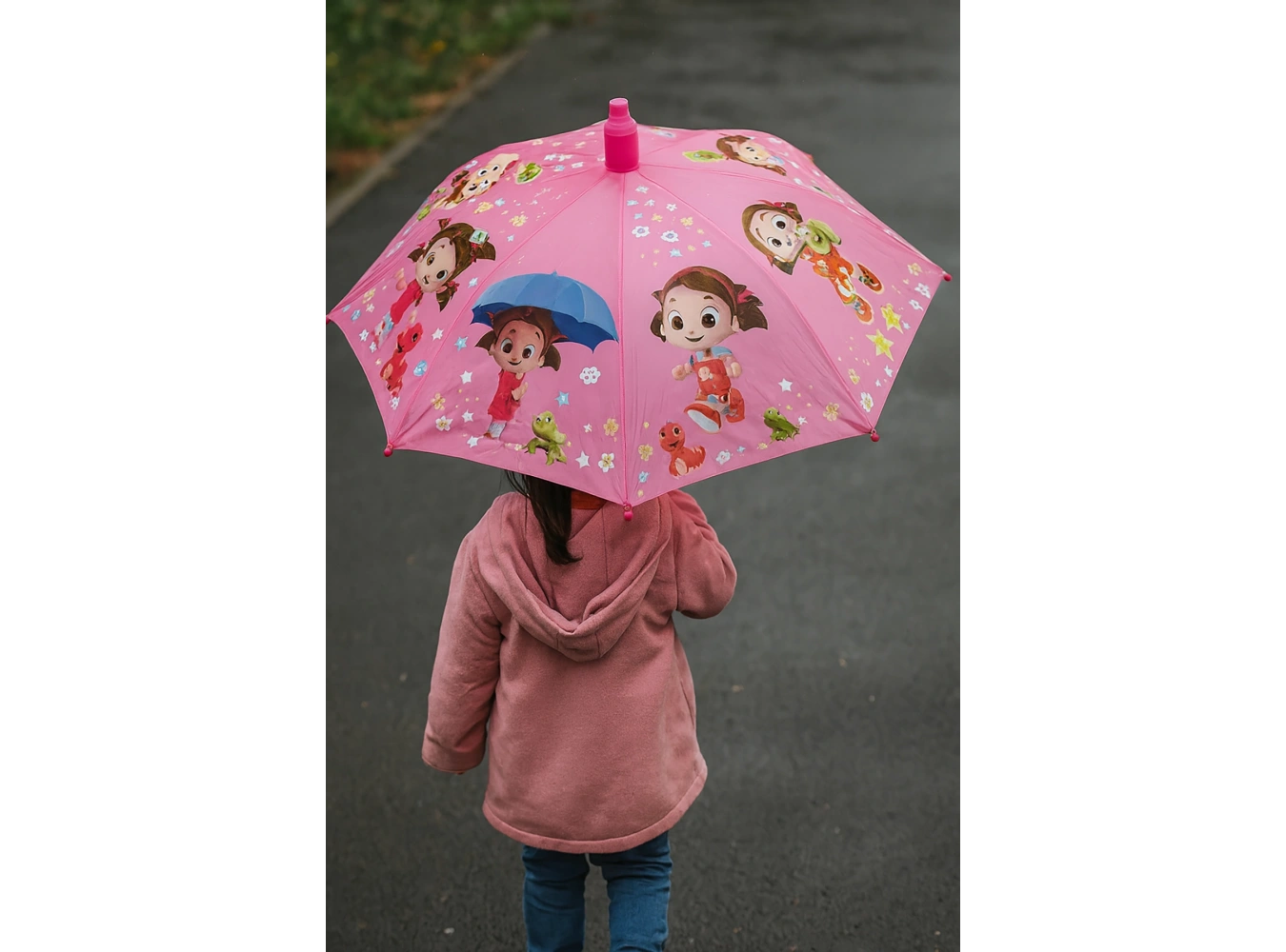 Pembe Renk Karışık Figürlü Kılıflı Çocuk Şemsiye