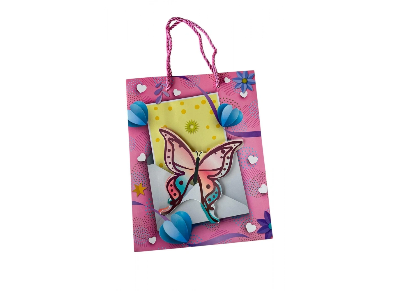 Pembe Renk Kelebek Figürlü 3D Görünümlü Karton Çanta